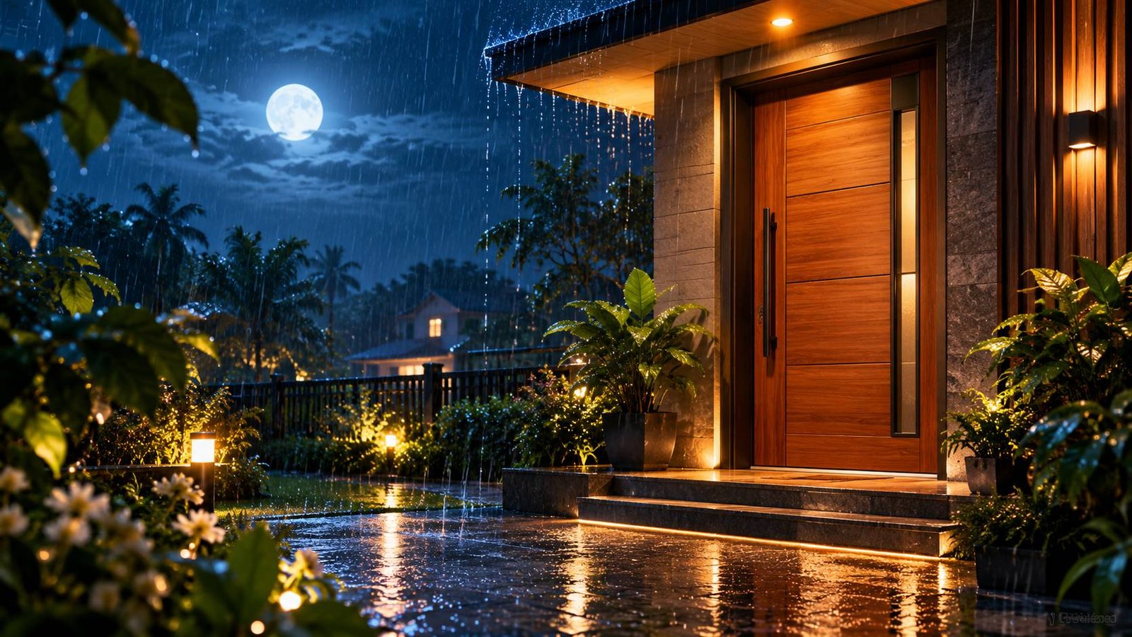 Warm lit premium door on monsoon night