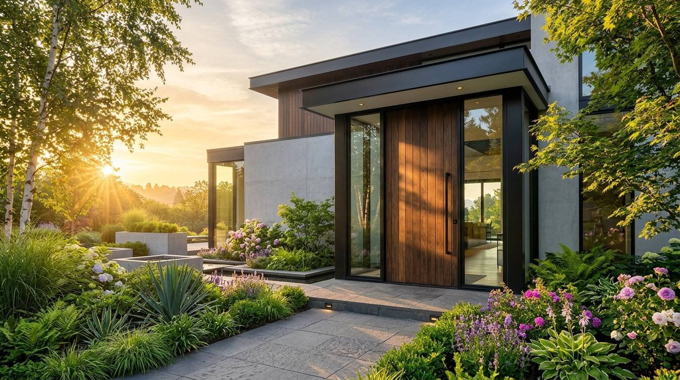Premium wooden door in bright summer morning light Bangladesh home