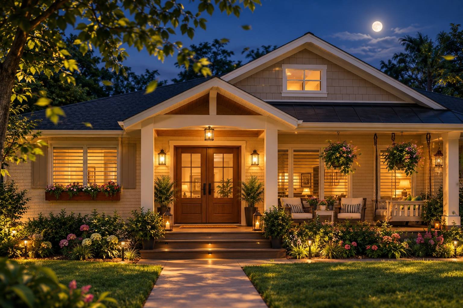 Elegant door entrance illuminated at summer night