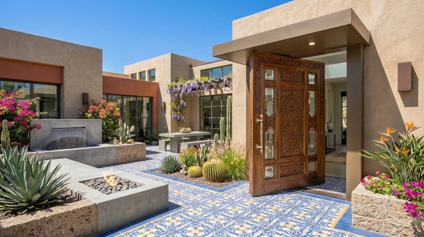 Modern luxury home entrance door at summer noon