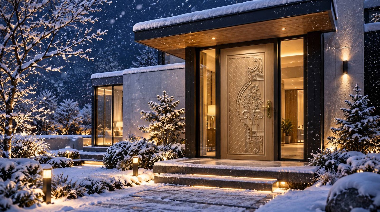 Warmly lit premium door on winter night